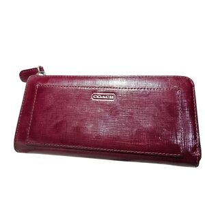 Coach Burgundy Saffiano Leather Continental Zip Around Long Wallet